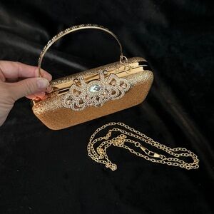 Gold Glitter Clutch with Zircon and Rhinestone Clasp